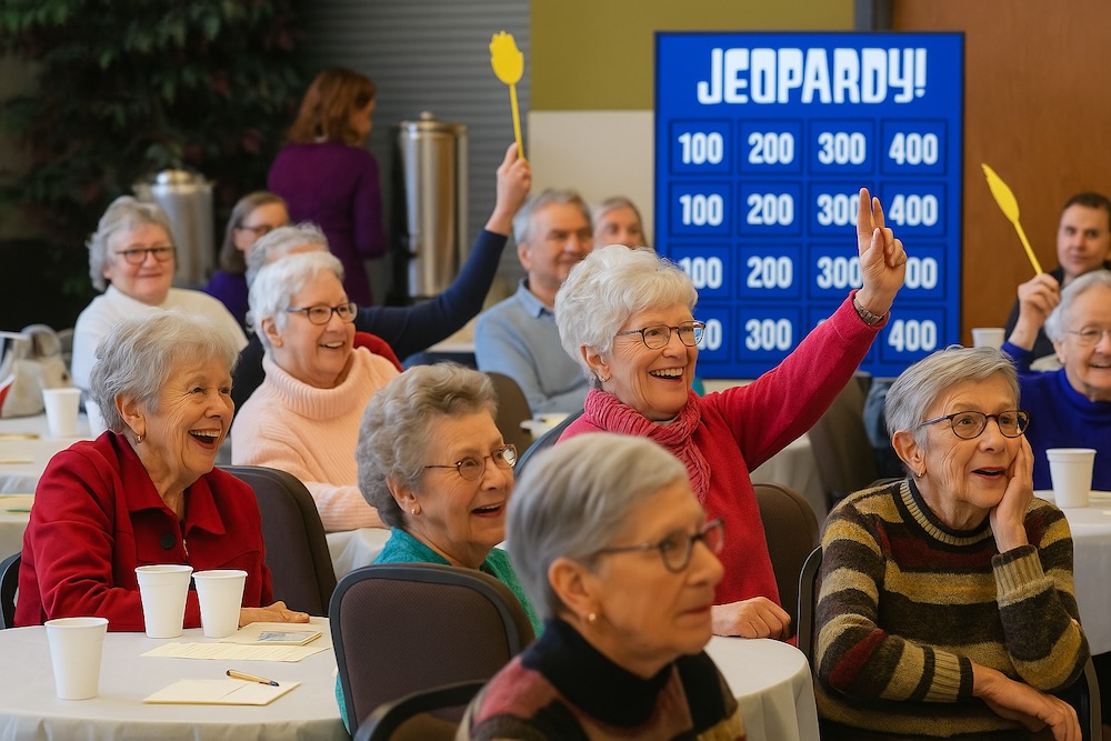 Seniors at Senior Day KC laugh and raise paddles while playing a lively Jeopardy-style trivia game in a cheerful group setting.