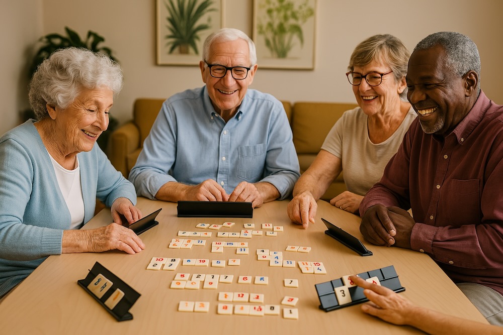 Seniors playing a game of Rummikub together at Senior Day KC!