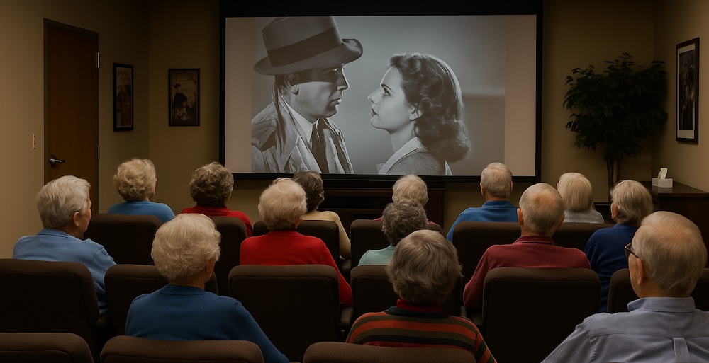Seniors watching a classic black-and-white film in a cozy theater room at Senior Day KC.