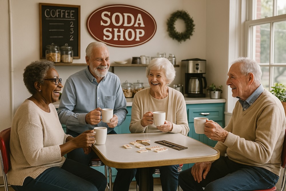 Four seniors enjoying coffee and conversation inside a vintage soda shop at Senior Day KC