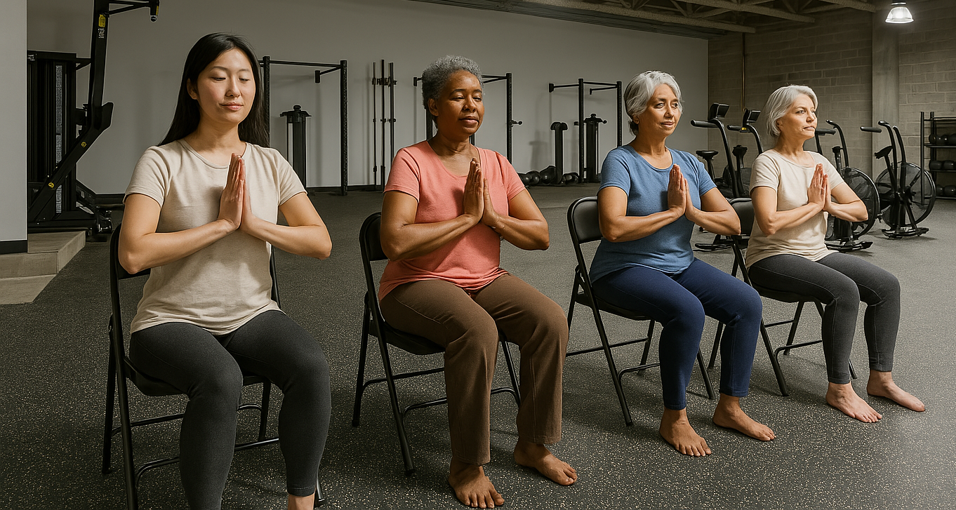 Four senior women practicing chair yoga while seated on chairs, hands in prayer position, promoting wellness and mindfulness.