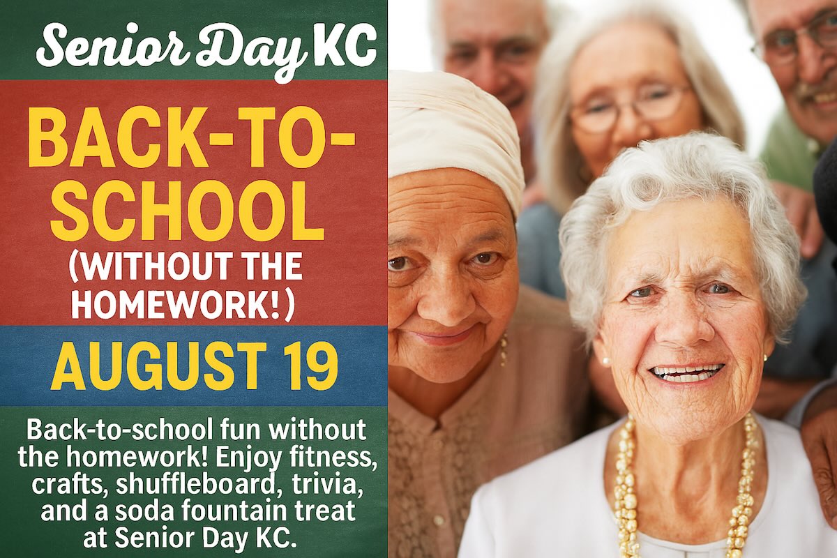 Group of smiling adults enjoying time together at a back-to-school themed event at Senior Day KC