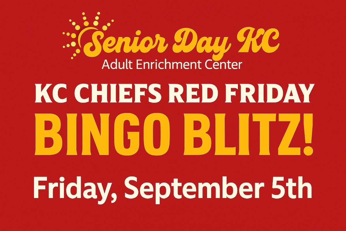 Promotional banner for Senior Day KC’s Red Friday Bingo Blitz featuring the Kansas City Chiefs logo, yellow “Senior Day KC” text, and white “Red Friday” title.