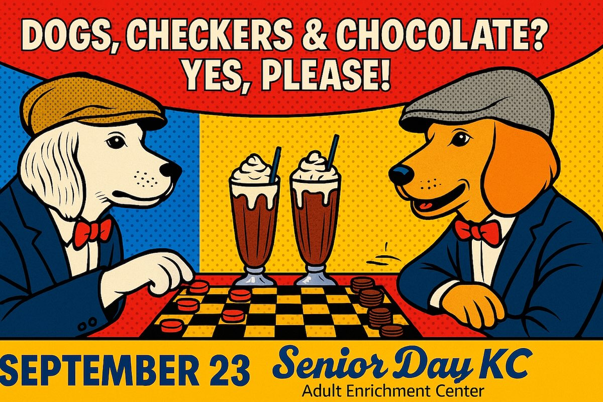 Pop art–style illustration of two dogs playing checkers.
