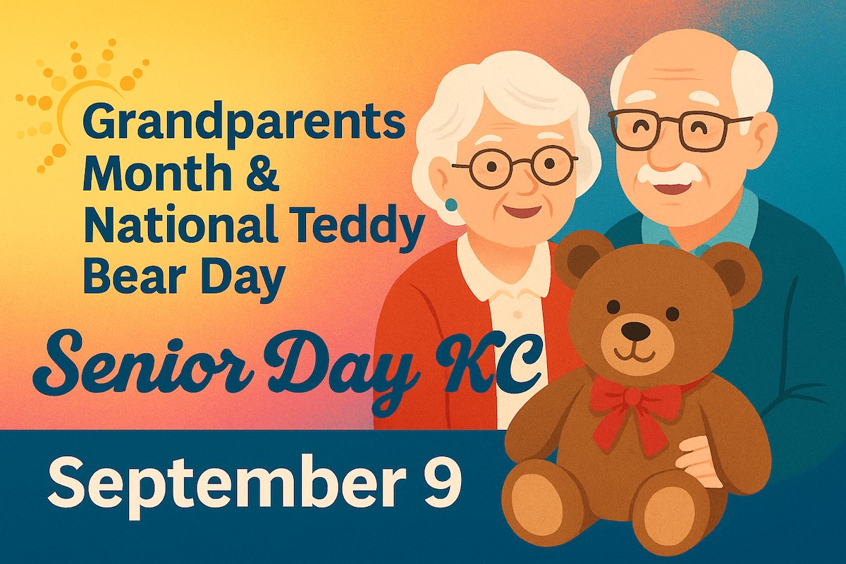 Illustration of smiling grandparents and a teddy bear promoting Senior Day KC’s event for Grandparents Month and National Teddy Bear Day on September 9.