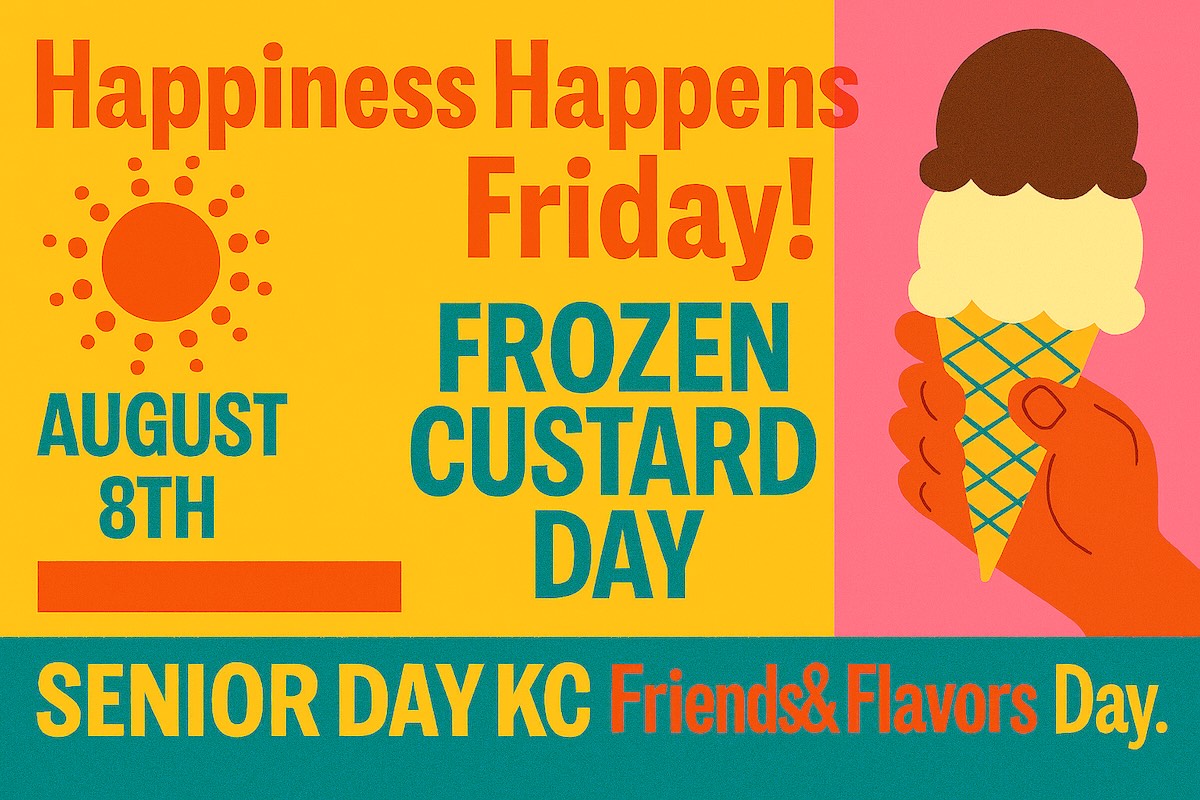 A promotional digital banner for Frozen Custard Day on August 8th at Senior Day KC, featuring a chocolate and vanilla ice cream cone and cheerful summer graphics.