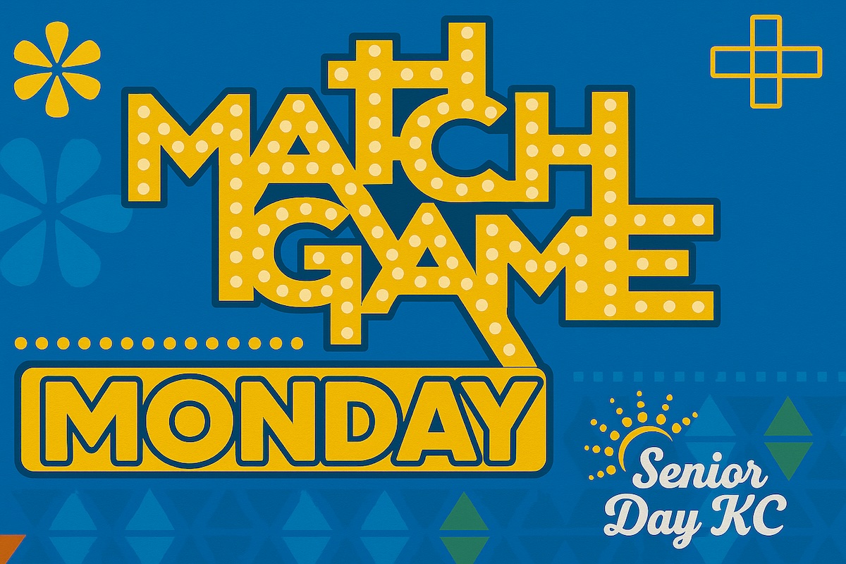 Retro-themed graphic for Match Game Monday at Senior Day KC featuring bold yellow marquee-style text on a blue background with vintage floral accents.