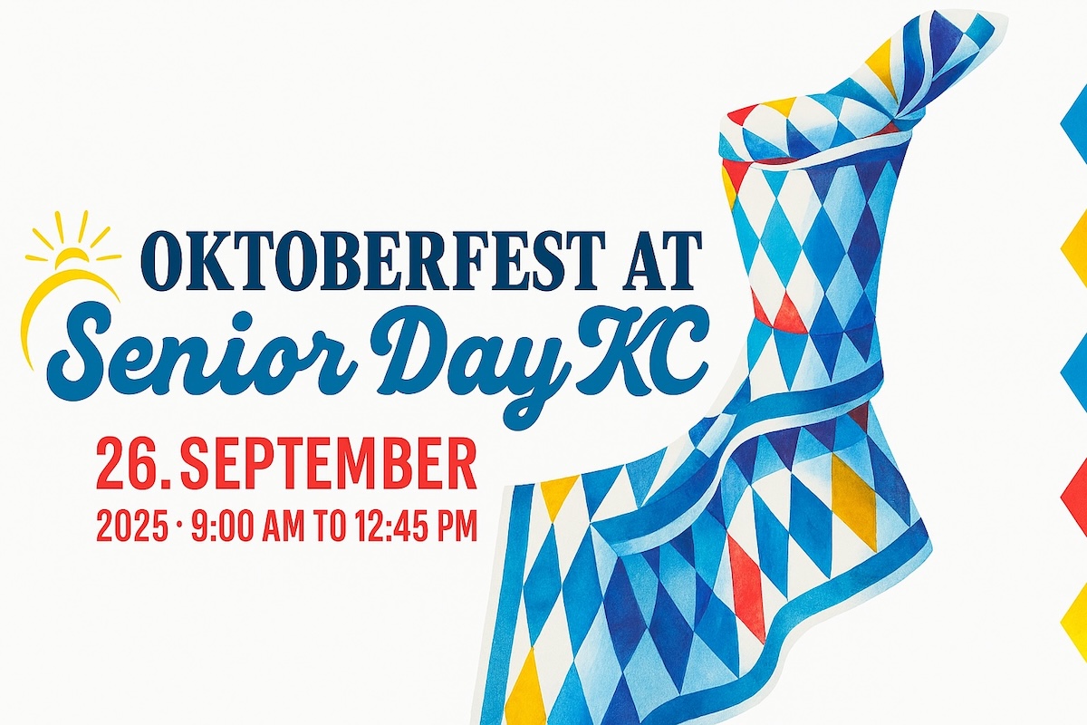 Banner for Oktoberfest at Senior Day KC featuring a colorful Bavarian diamond pattern, bold black and red text, and the Senior Day KC logo.