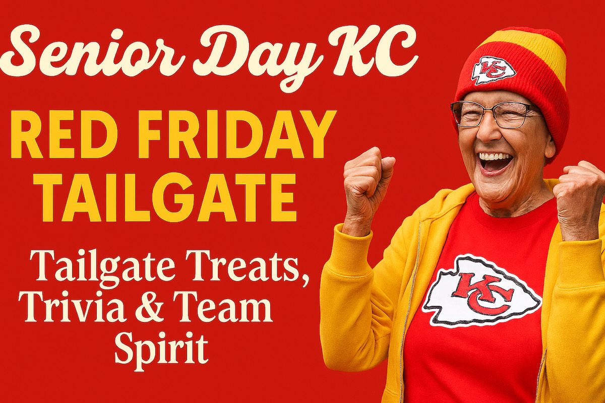 Smiling woman in Kansas City Chiefs gear celebrating Red Friday Tailgate event at Senior Day KC.