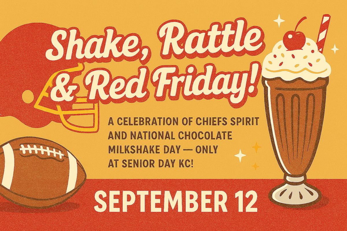 Red Friday and National Chocolate Milkshake Day event banner with Chiefs colors, football icons, and festive text