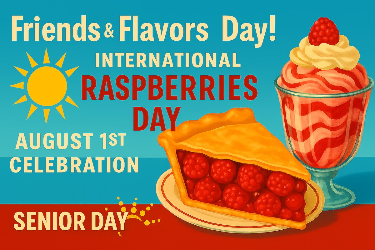 A vibrant, vintage-style horizontal banner for “Friends & Flavors Day” at Senior Day KC, featuring raspberry pie, a raspberry sundae, and a bright yellow sunburst on a turquoise background.