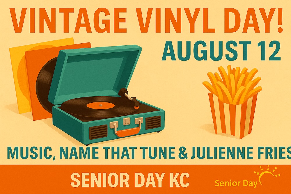 A retro-style banner for Vintage Vinyl Day at Senior Day KC, featuring a teal turntable with spinning vinyl, golden julienne fries, and bold orange and teal text announcing the August 12 celebration.